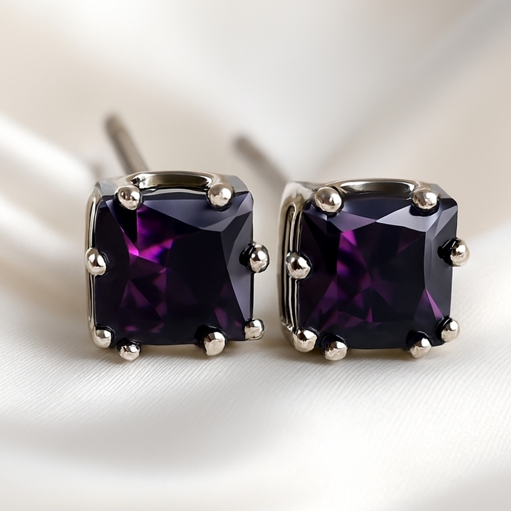 Chic Purple Cubic Zirconia Princess Cut Stud Earrings – Sterling Silver Overlay